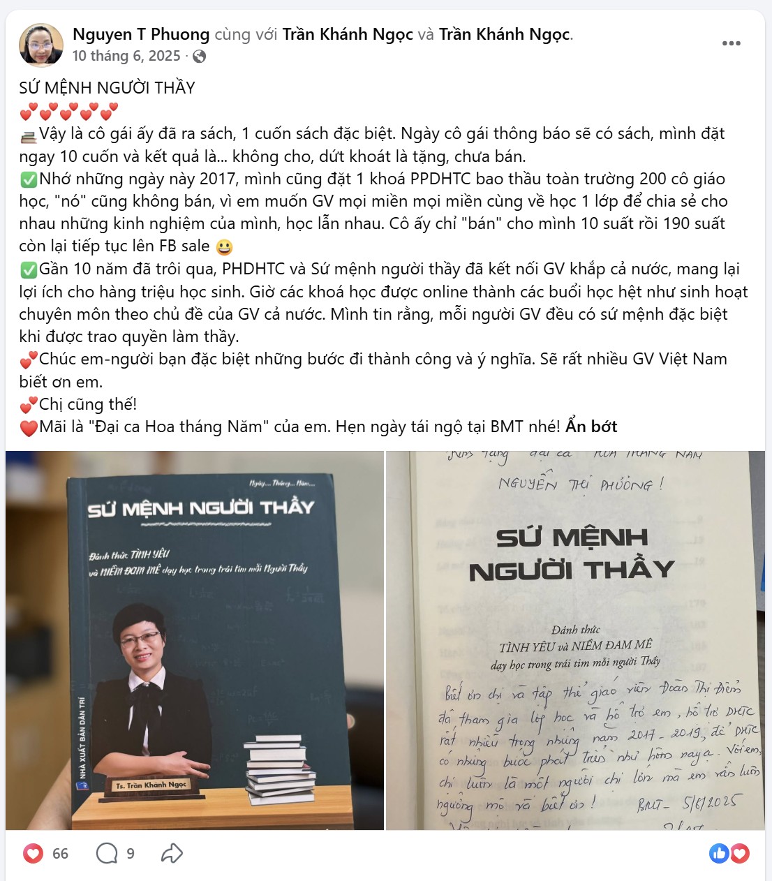 Bài đăng Facebook của cô Nguyễn T. Phương cảm nhận về Sứ Mệnh Người Thầy